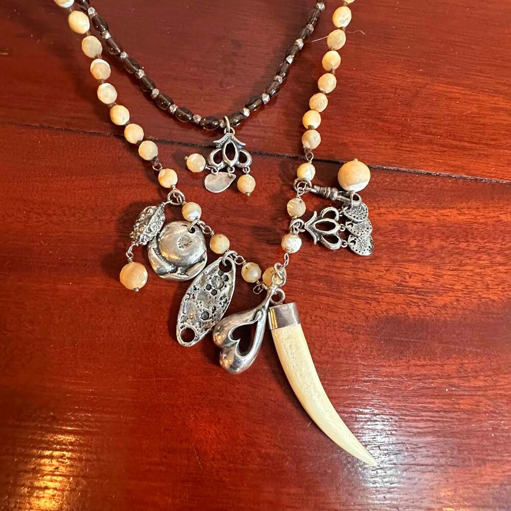 Chan Luu Boho Charm Necklace 31" Long 925 Beaded Horn Western Statement Quartz